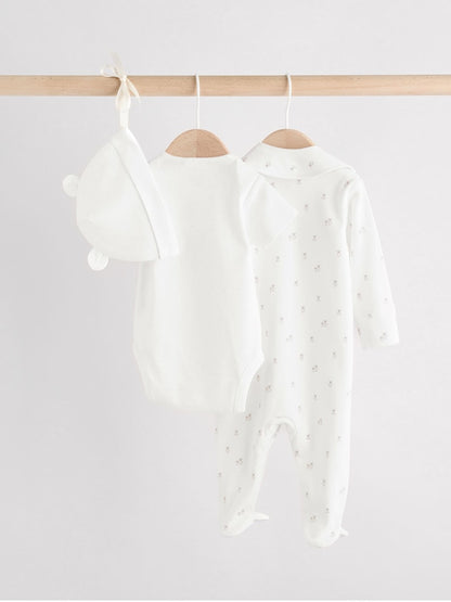 White Baby Sleepsuit, Bodysuit, Beanie and Bib Set 4 Piece (0-9mths)