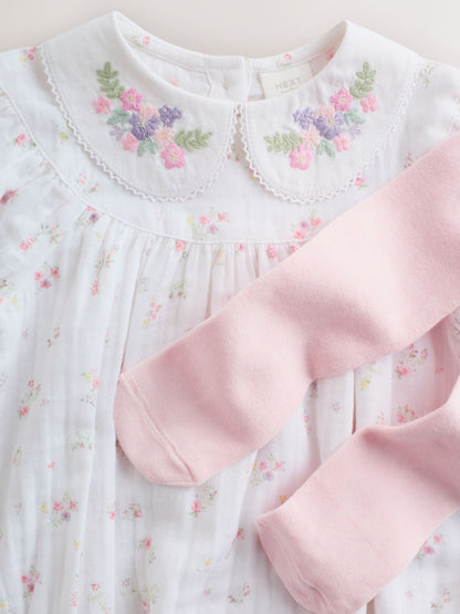 White/Pink Ditsy Baby Bloomer Rompers Set 2 Piece with Tights (0mths-3yrs)