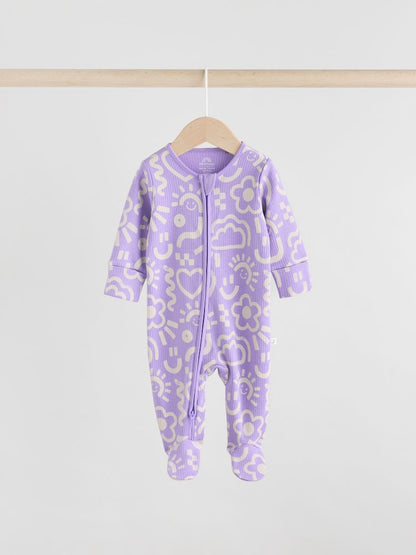 Lilac Purple 3 Pack Two Way Zip Baby Sleepsuits (0mths-3yrs)