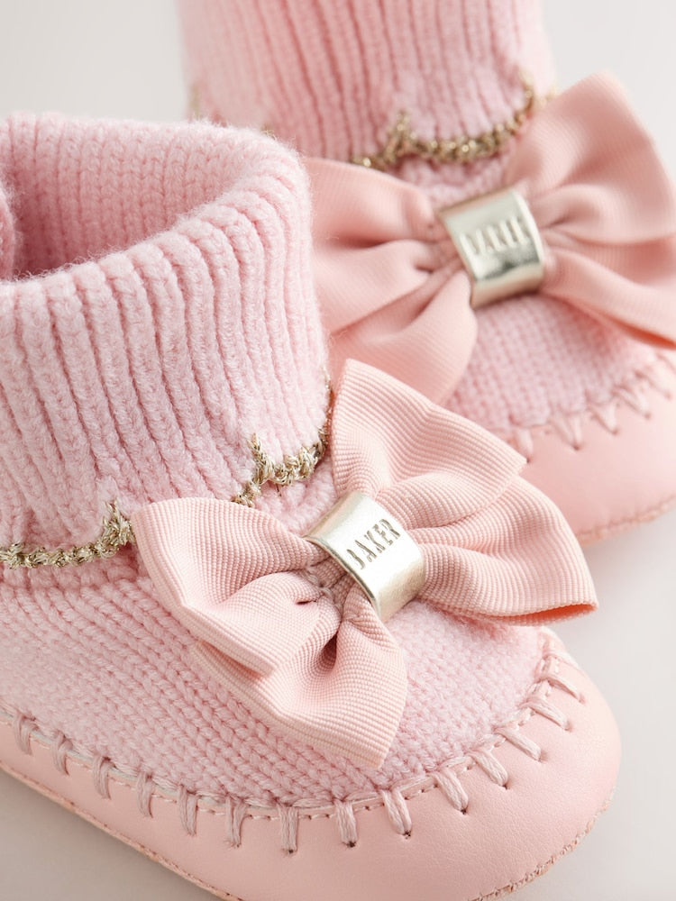 Baby Girls Scallop Edge Knitted Padders Booties with Bow