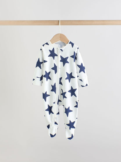 Navy Star Two Way Zip Baby Sleepsuits 3 Pack (0-2yrs)
