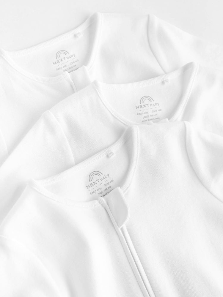 White Essential Zipped 100% Cotton Baby Sleepsuits 3 Pack