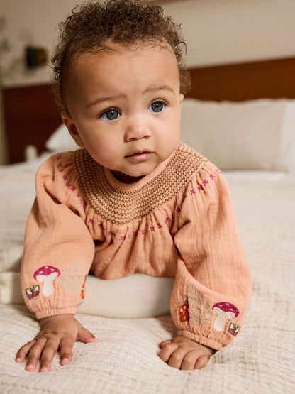 Tan Brown Embroidered Baby Bloomer Rompers Set 2 Piece with Tights (0mths-3yrs)