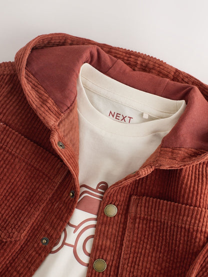 Rust Red Hooded Corduroy Overshirt & T-Shirt Set 2 Piece