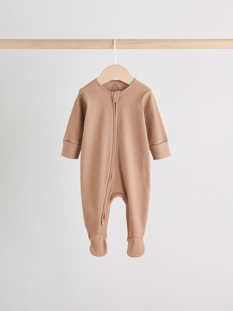 Beige Baby Two Way Zip Sleepsuits 3 Pack (0-2yrs)