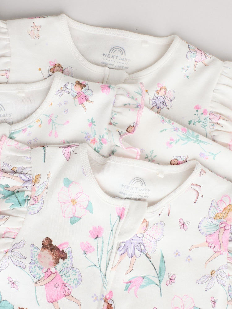Ecru Fairy Two Way Zip Baby Sleepsuits 3 Pack (0-2yrs)