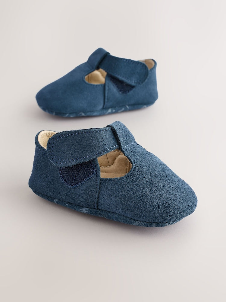 Navy Suede Leather Baby T-Bar Shoes (0-24mths)