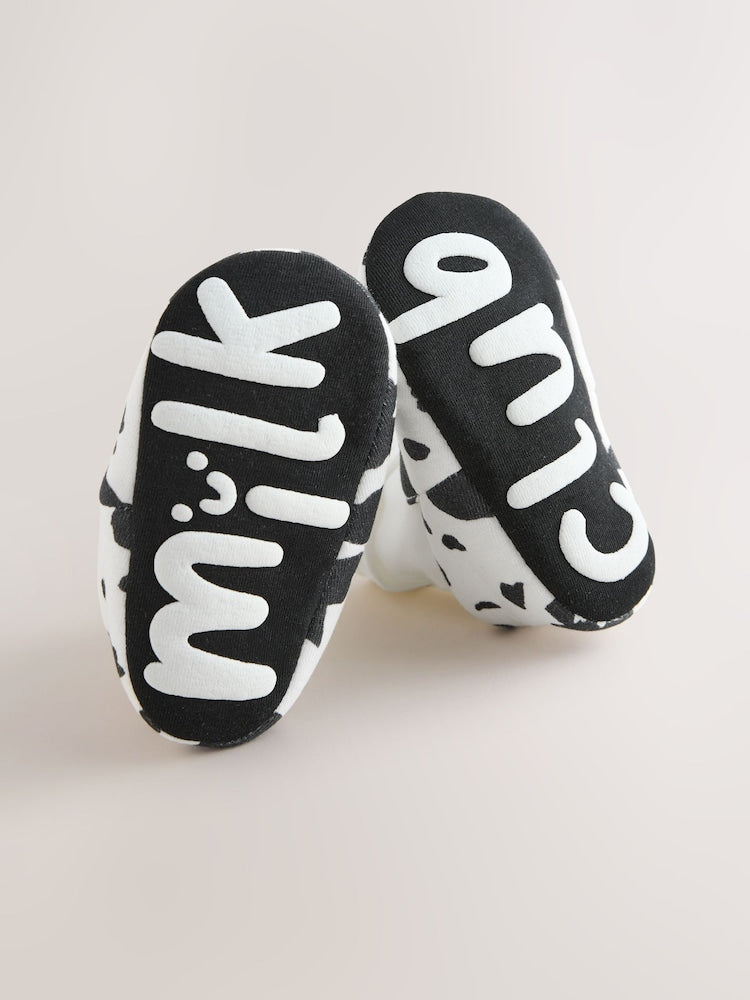 White/Black Cow Print Baby Sock Top Boot Shoes (0-18mths)