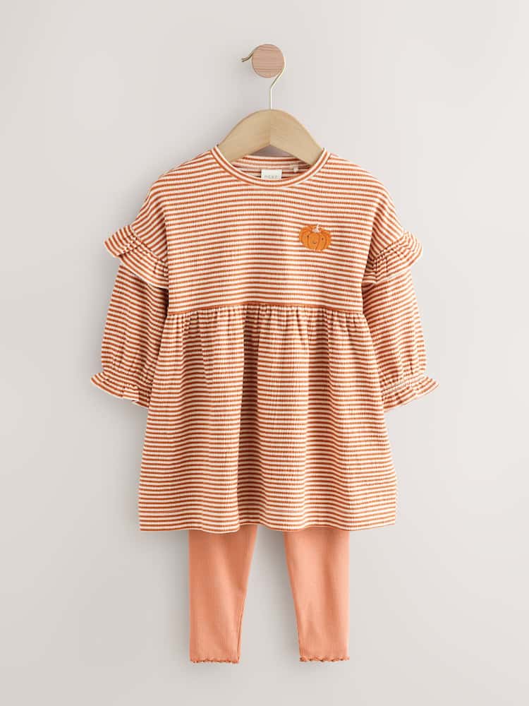 Orange Pumpkin Long Sleeve Dress and Leggings Set (3mths-