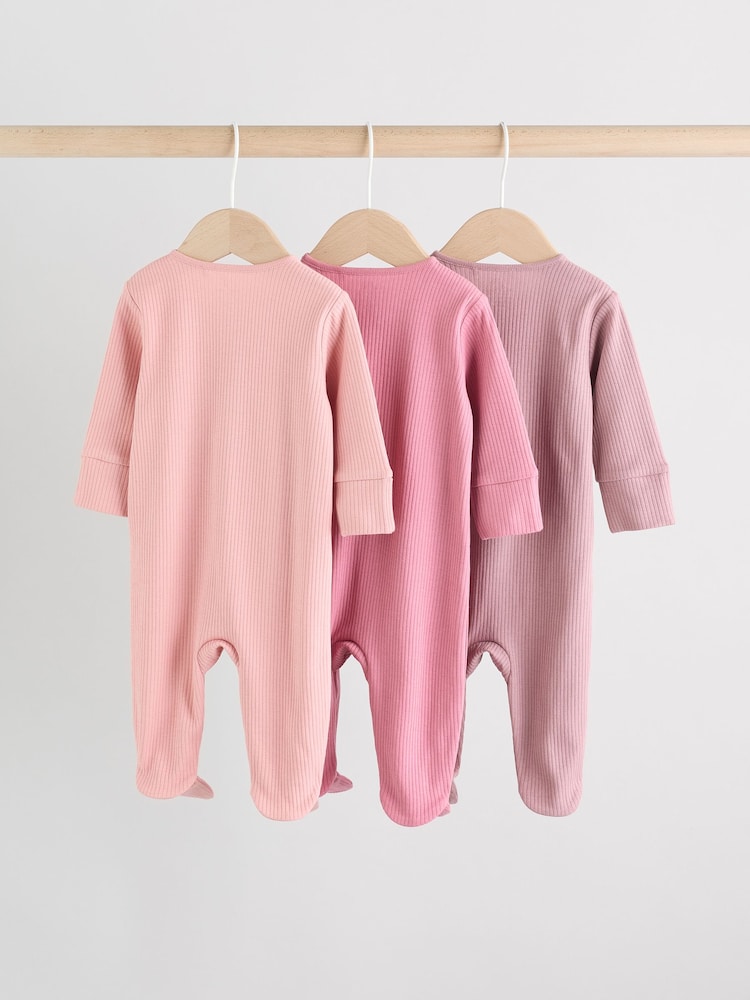 Pink 3 Pack Two Way Zip Baby Sleepsuits (0-2yrs)