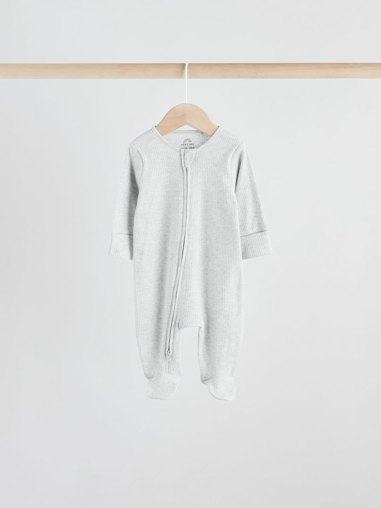 Neutral 5 Pack Two Way Zip Footed Baby Sleepsuits (0-2yrs)