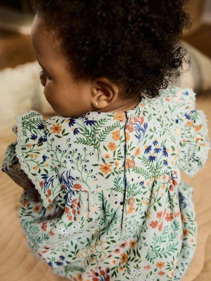 Green Floral Baby Bloomer Rompers Set 2 Piece with Tights