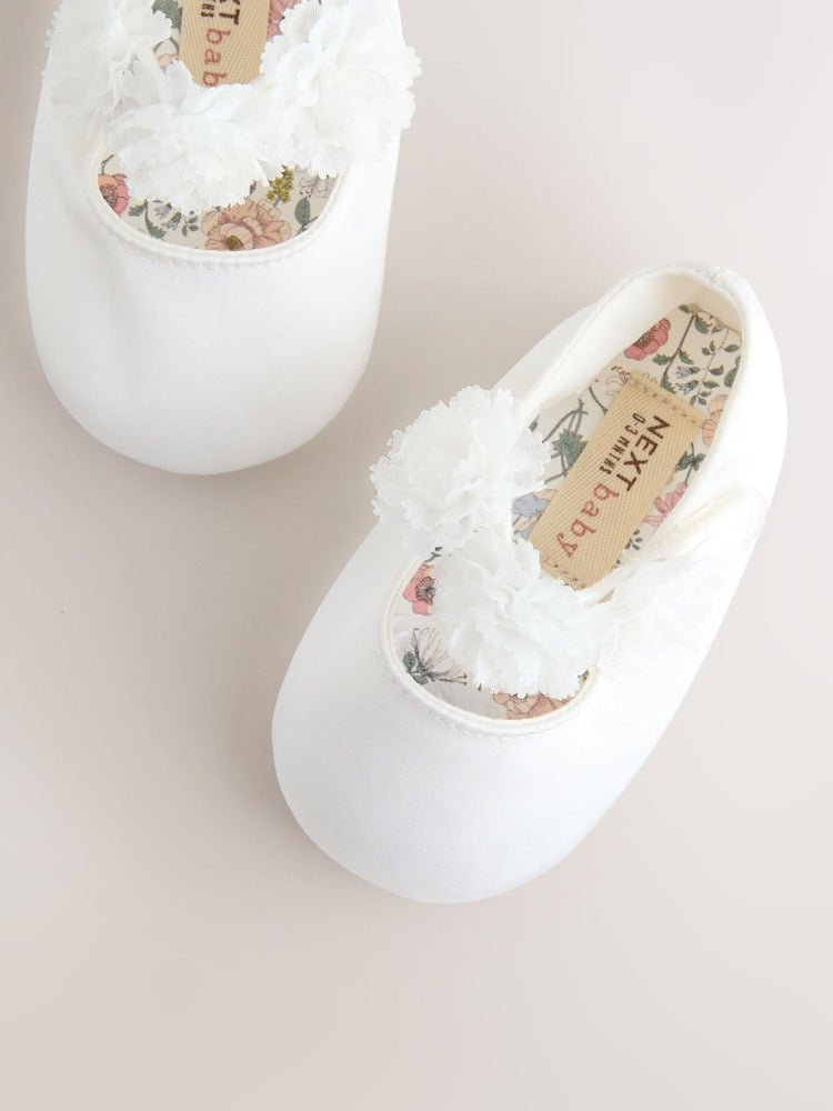White Satin Baby Corsage Shoes (0-24mths)