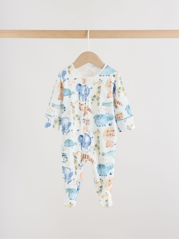 Blue Safari Two Way Zip Baby Sleepsuits 3 Pack (0mths-2yrs)