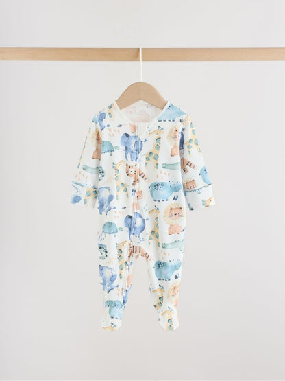 Blue Safari Two Way Zip Baby Sleepsuits 3 Pack (0mths-2yrs)