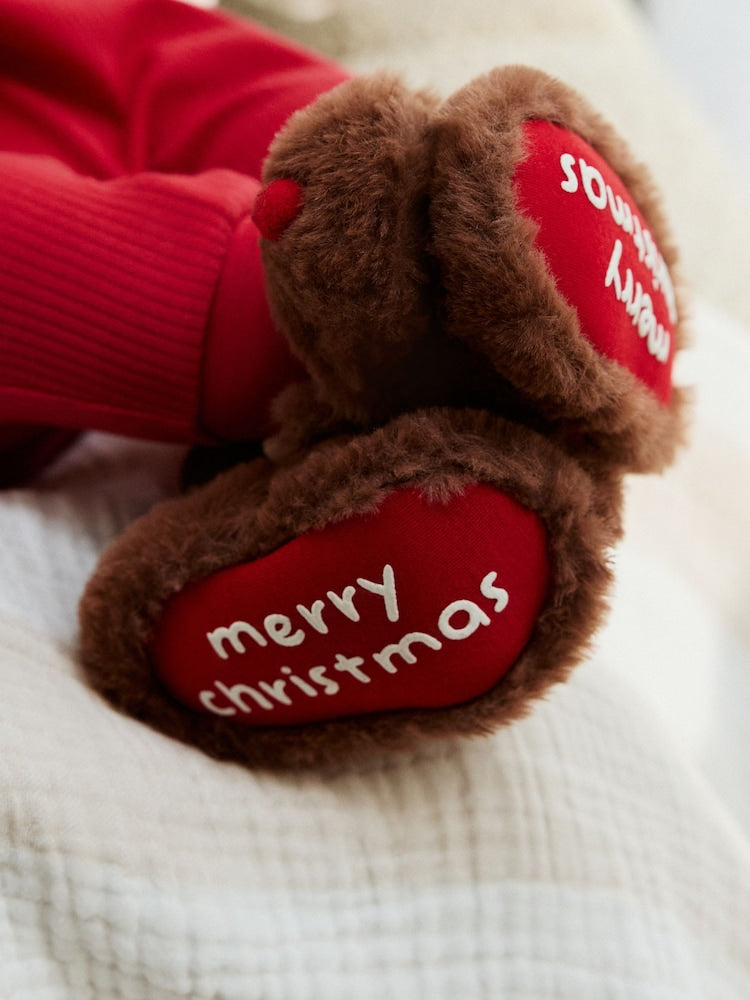 Tan Brown Christmas Reindeer Baby Socks Top Boots (0-18mths)