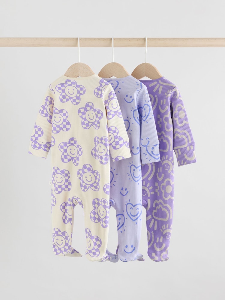 Lilac Purple 3 Pack Two Way Zip Baby Sleepsuits (0mths-3yrs)