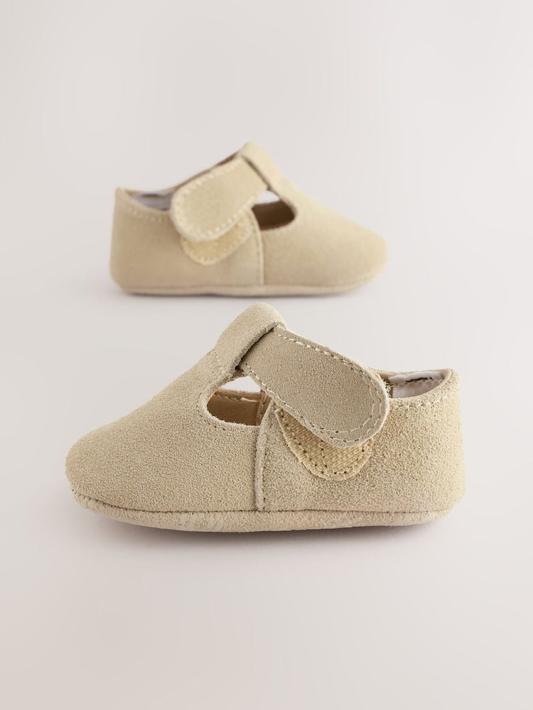 Stone Suede Leather Baby T-Bar Shoes (0-24mths)