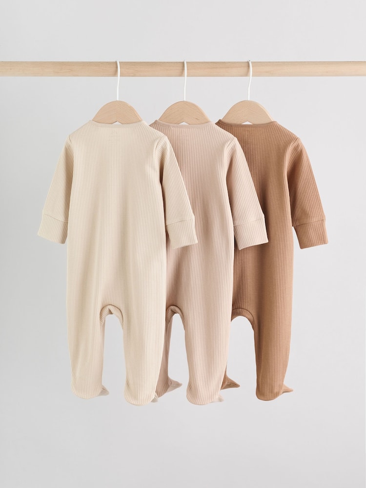 Beige Baby Two Way Zip Sleepsuits 3 Pack (0-2yrs)