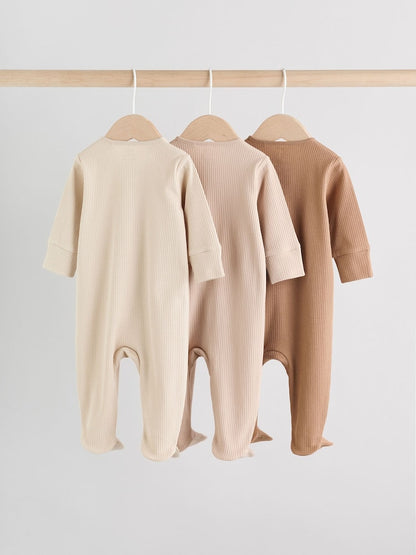 Beige Baby Two Way Zip Sleepsuits 3 Pack (0-2yrs)