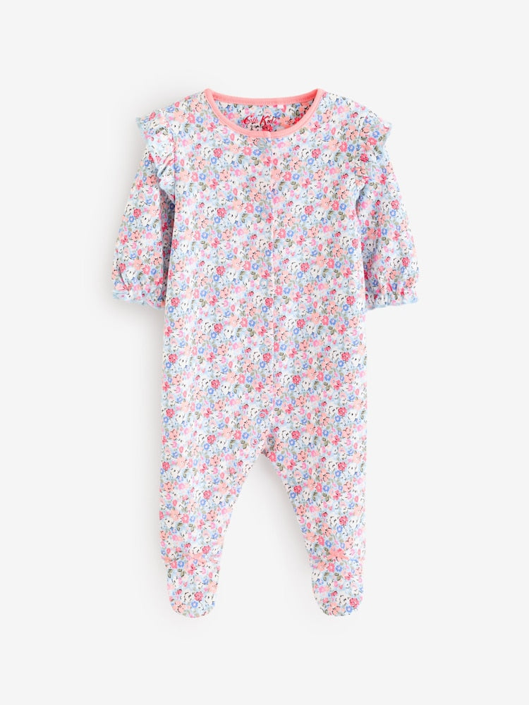 Blue Cath Kidston Floral Baby 100% Cotton Sleepsuits 3 Pack
