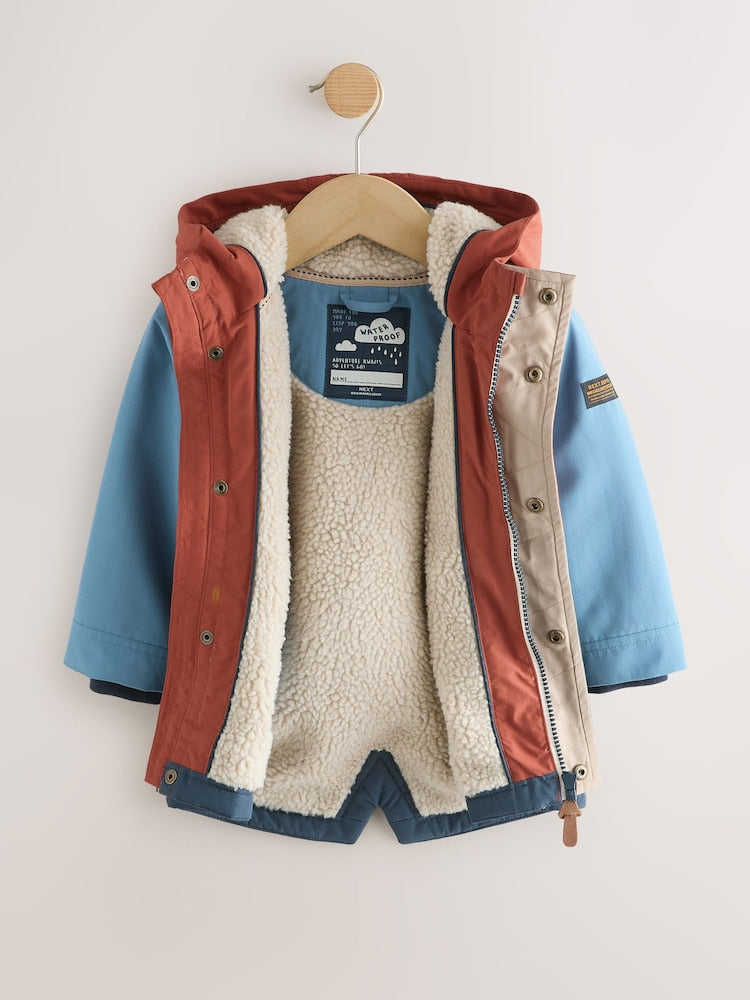 Navy/Red Colourblock Waterproof Borg Lined Parka