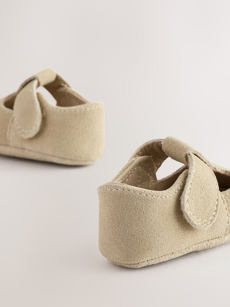 Stone Suede Leather Baby T-Bar Shoes (0-24mths)