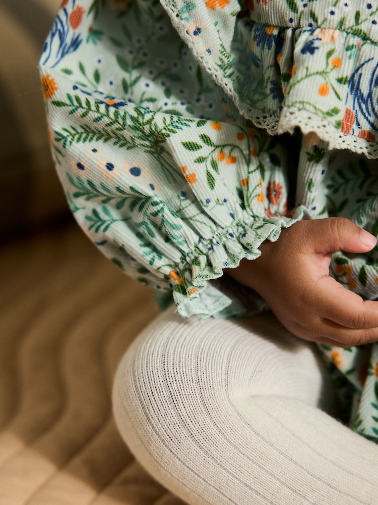 Green Floral Baby Bloomer Rompers Set 2 Piece with Tights