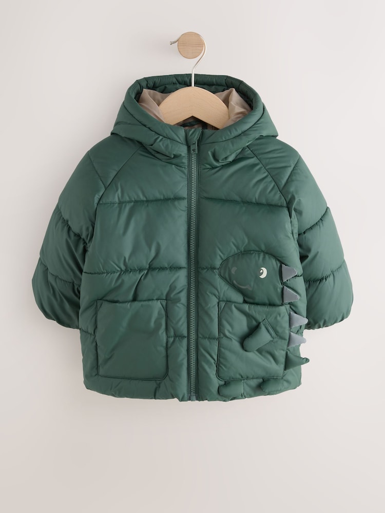 Khaki Green Dinosaur Pocket Padded Coat (3mths-7yrs)