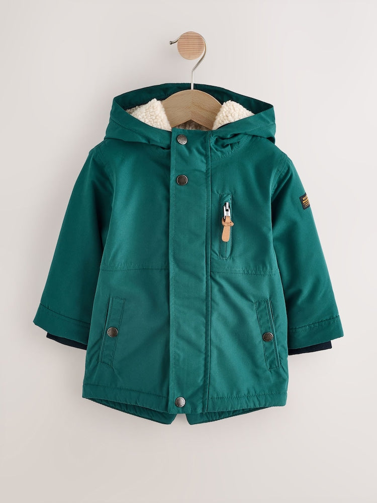 Forest Green Waterproof Borg Lined Parka Coat (3mths-7yrs)
