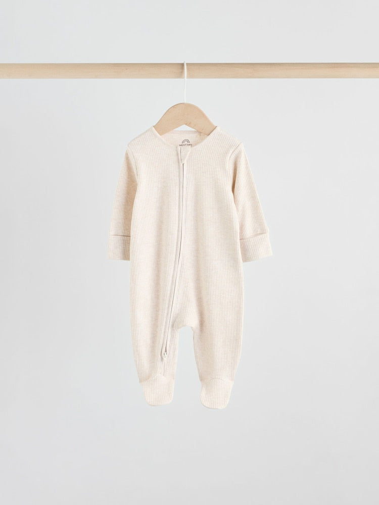 Neutral 5 Pack Two Way Zip Footed Baby Sleepsuits (0-2yrs)