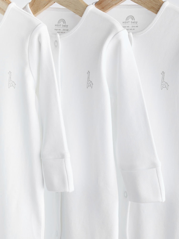 White 3 Pack 100% Cotton Baby Sleepsuits (0-18mths)
