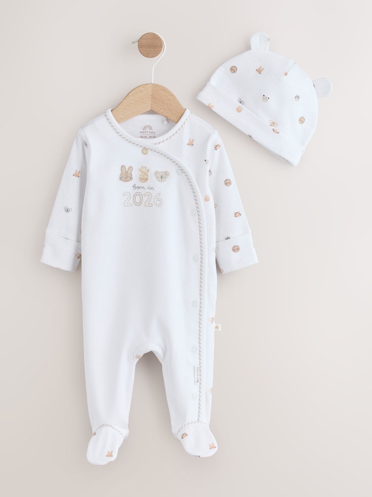 White Born in 2026 Baby Sleepsuit & Hat Set (0-9mths)