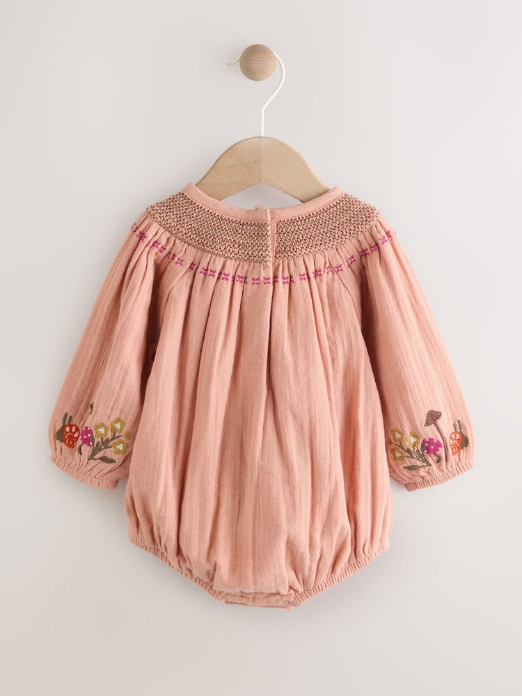 Tan Brown Embroidered Baby Bloomer Rompers Set 2 Piece with Tights (0mths-3yrs)