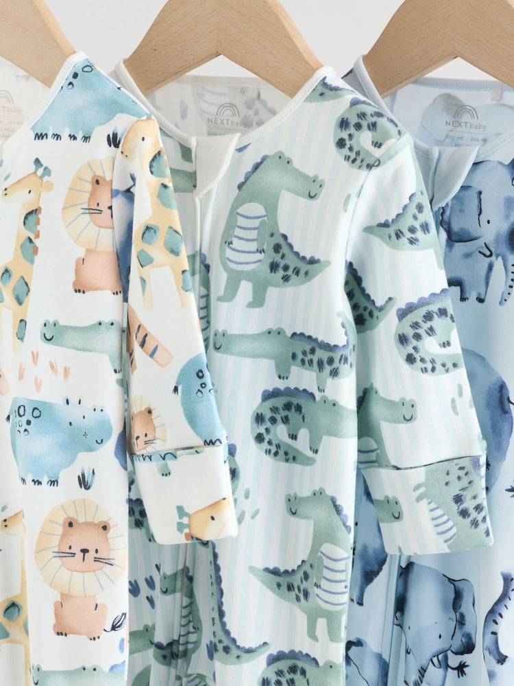 Blue Safari Two Way Zip Baby Sleepsuits 3 Pack (0mths-2yrs)