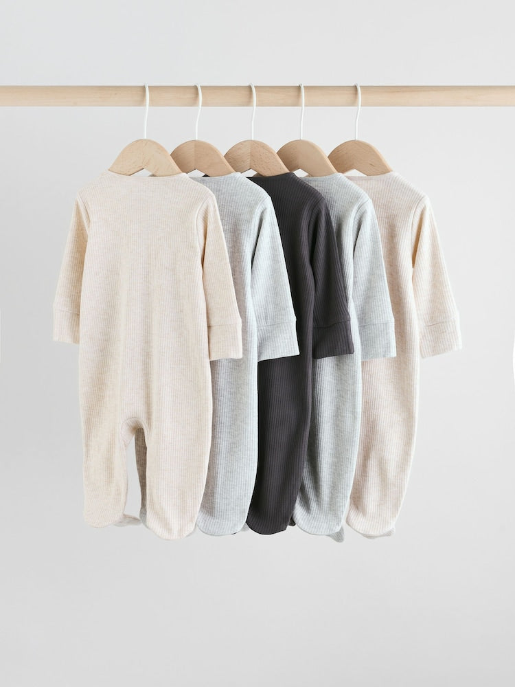 Neutral 5 Pack Two Way Zip Footed Baby Sleepsuits (0-2yrs)