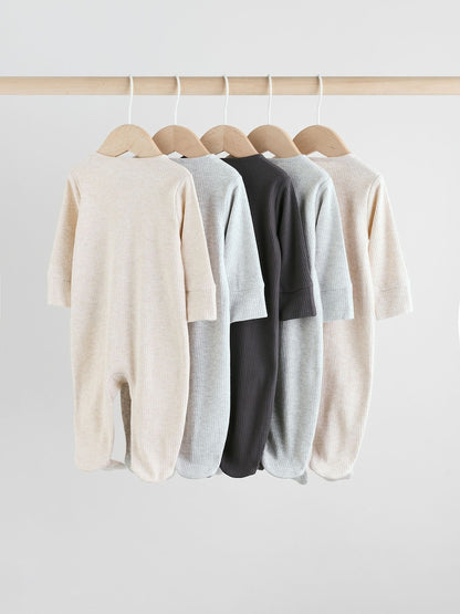 Neutral 5 Pack Two Way Zip Footed Baby Sleepsuits (0-2yrs)