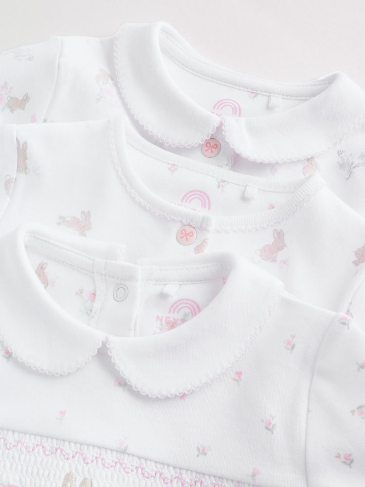 White/Pink Collar 3 Pack Baby Sleepsuits