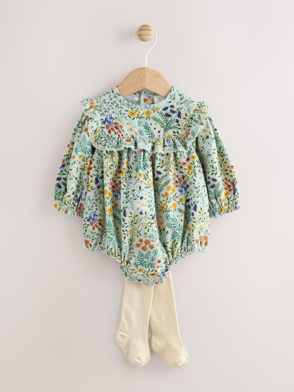 Green Floral Baby Bloomer Rompers Set 2 Piece with Tights
