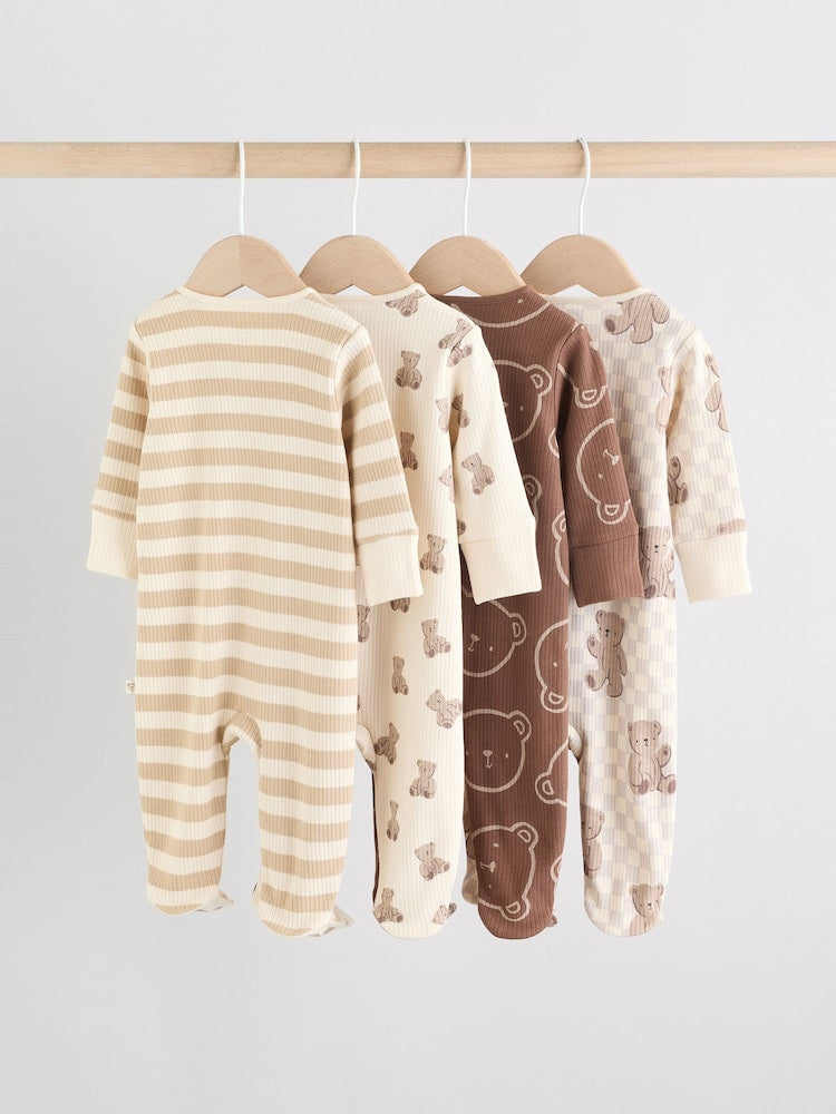 Brown Bear Print Two Way Zip Baby Sleepsuits 4 Pack (0mths-2yrs)