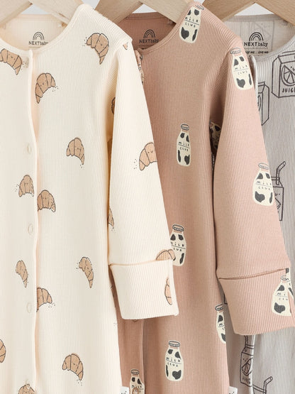 Neutral Croissant Breakfast Baby Footless Sleepsuits 3 Pack