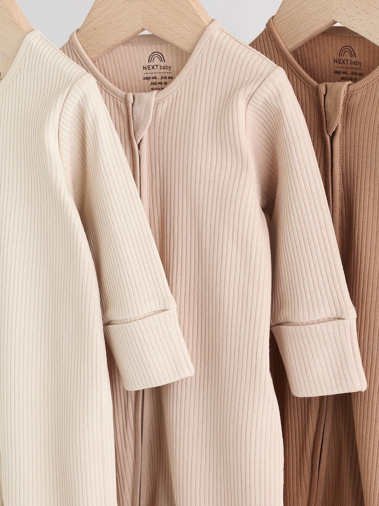 Beige Baby Two Way Zip Sleepsuits 3 Pack (0-2yrs)