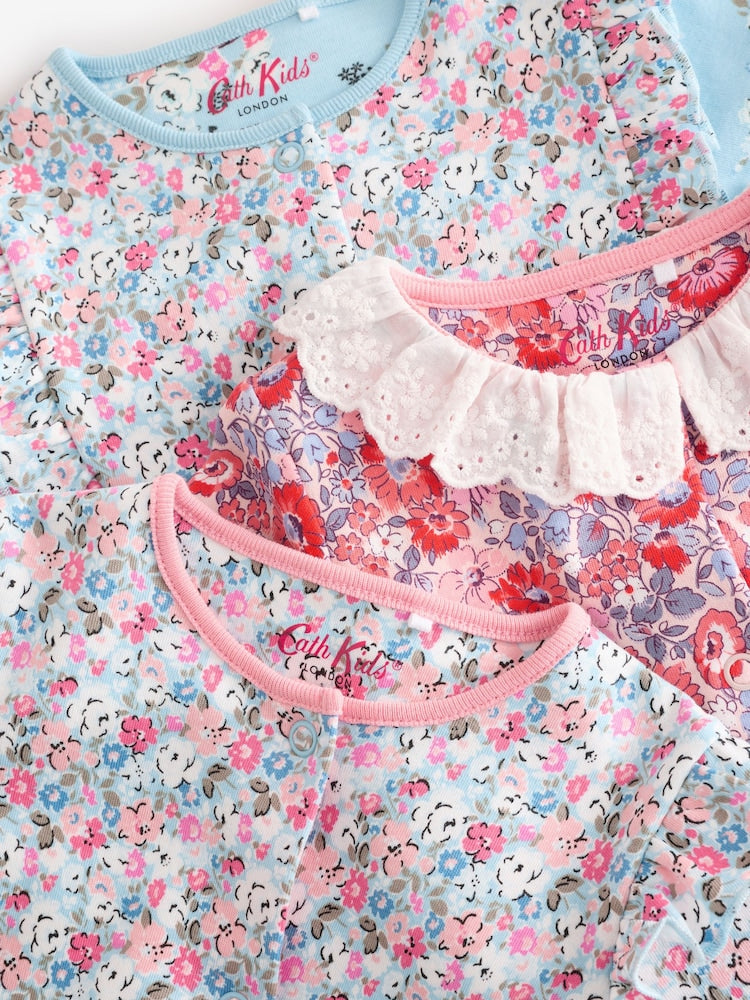 Blue Cath Kidston Floral Baby 100% Cotton Sleepsuits 3 Pack
