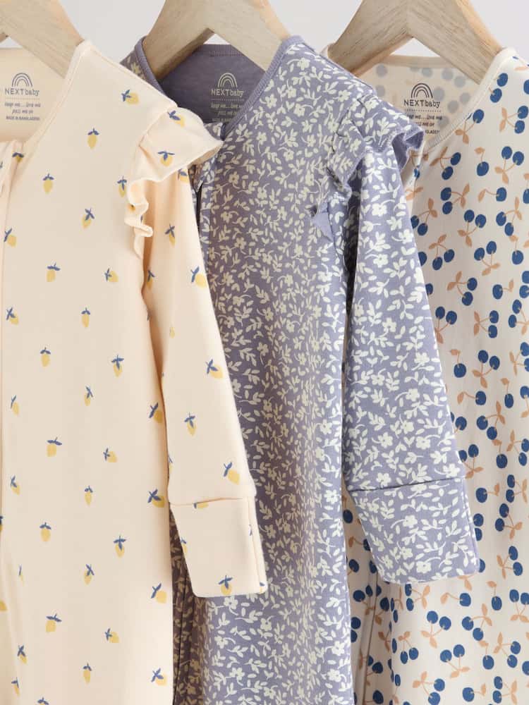 Blue Cherry Two Way Zip Sleepsuits 3 Pack (0-2yrs)