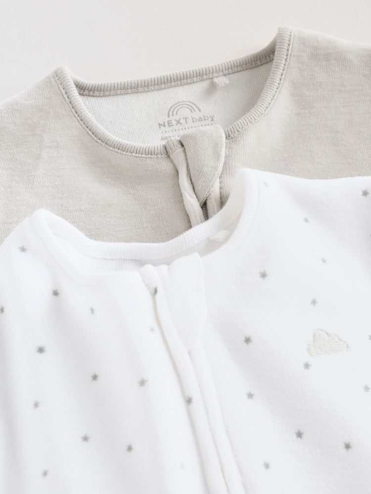 Grey Velour Two Way Zip Baby Sleepsuits 2 Pack (0-2yrs)