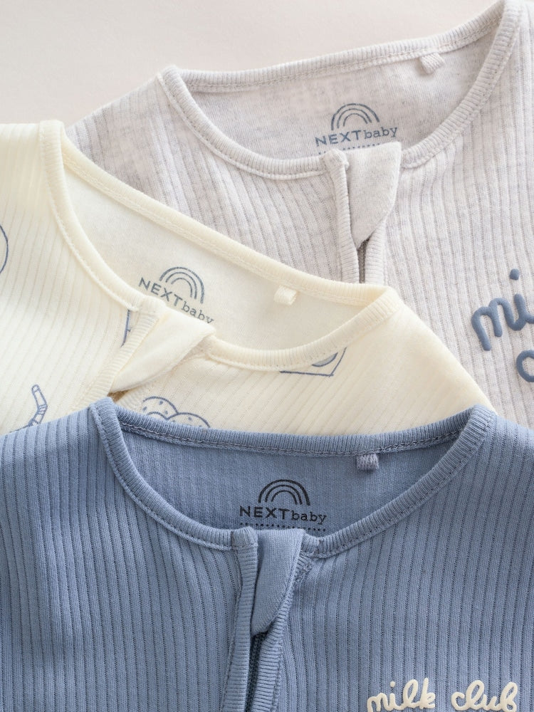 Blue Milk Club Two Way Zip Baby Sleepsuits 3 Pack (0mths-3yrs)
