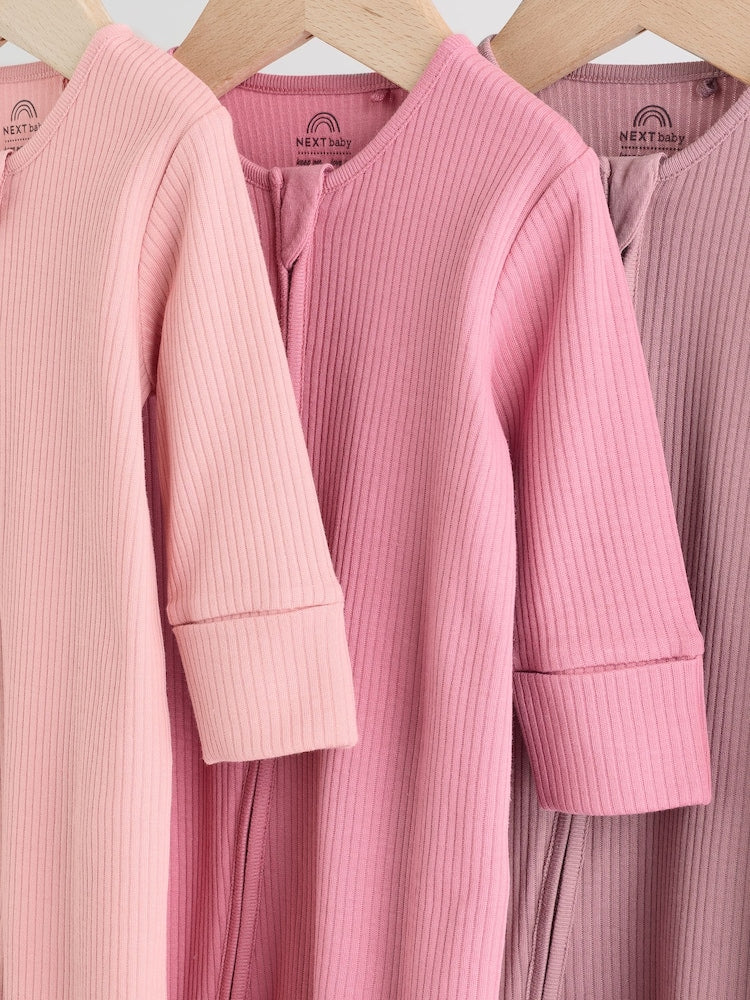 Pink 3 Pack Two Way Zip Baby Sleepsuits (0-2yrs)