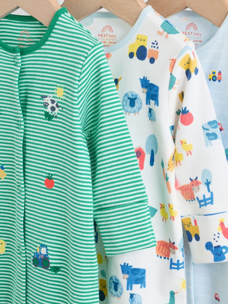 Multi Farm 3 Pack Baby Sleepsuits (0mths-2yrs)
