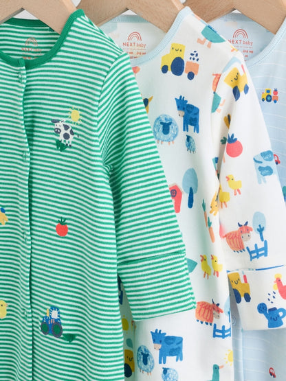 Multi Farm 3 Pack Baby Sleepsuits (0mths-2yrs)