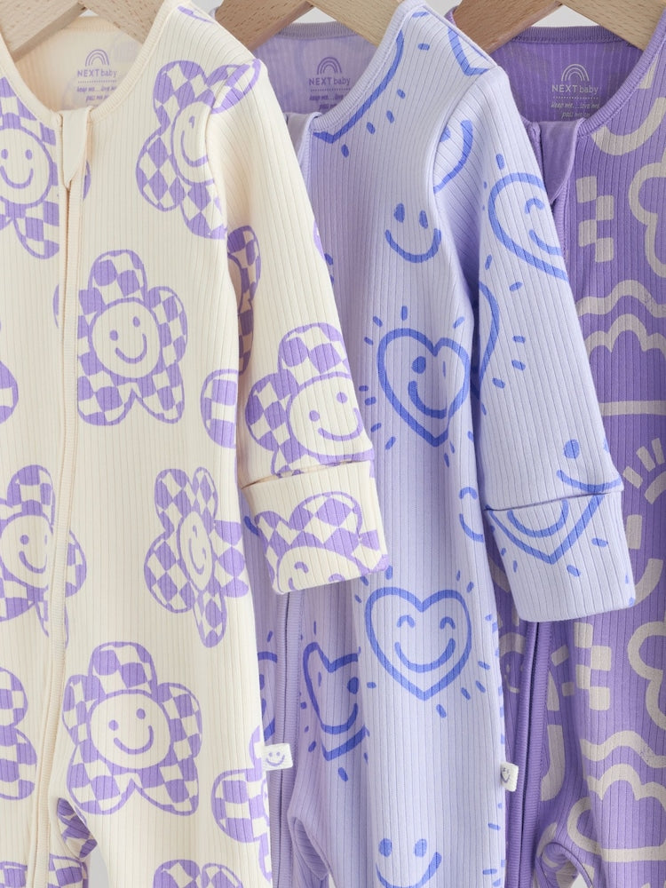 Lilac Purple 3 Pack Two Way Zip Baby Sleepsuits (0mths-3yrs)
